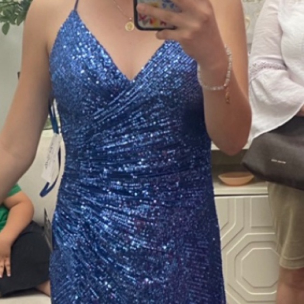 Mia Bella Bright Blue Sparkly Prom Dress